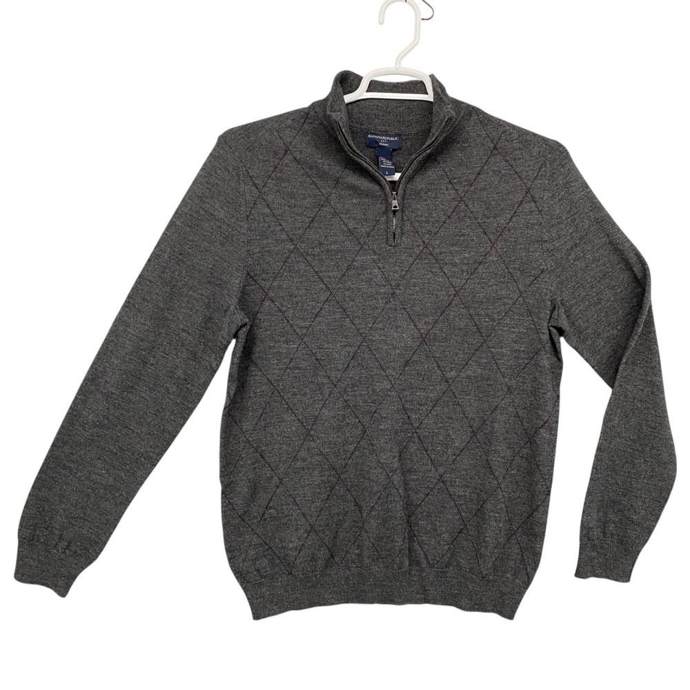 Banana Republic Merino Wool Argyle 1/4 Zip Sweater Men's‎ L Dark Gray Pullover